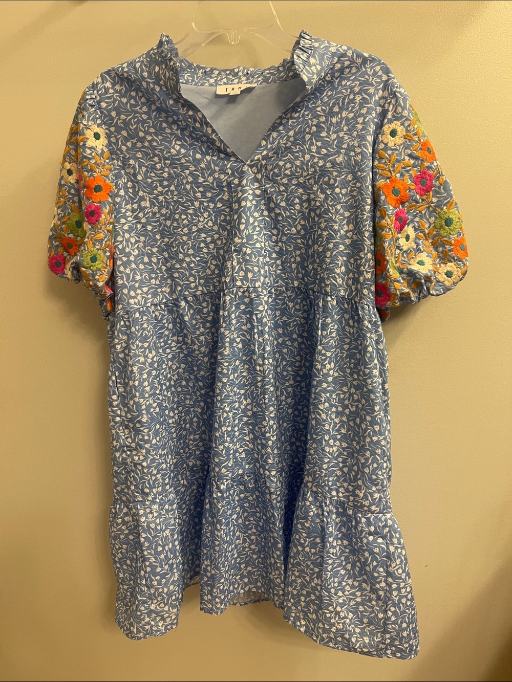 THML Blue Floral Dress with Colorful Embroidered Puff Sleeves